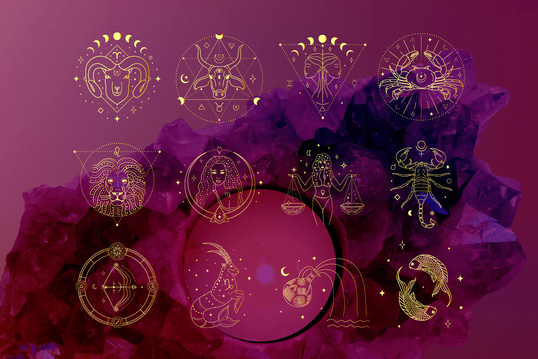 Golden Zodiac Signs. Horoscope Logos.
