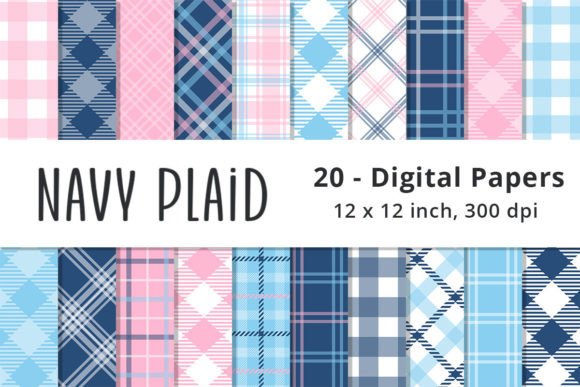 Navy, Pink and Blue Plaid Digital Papers