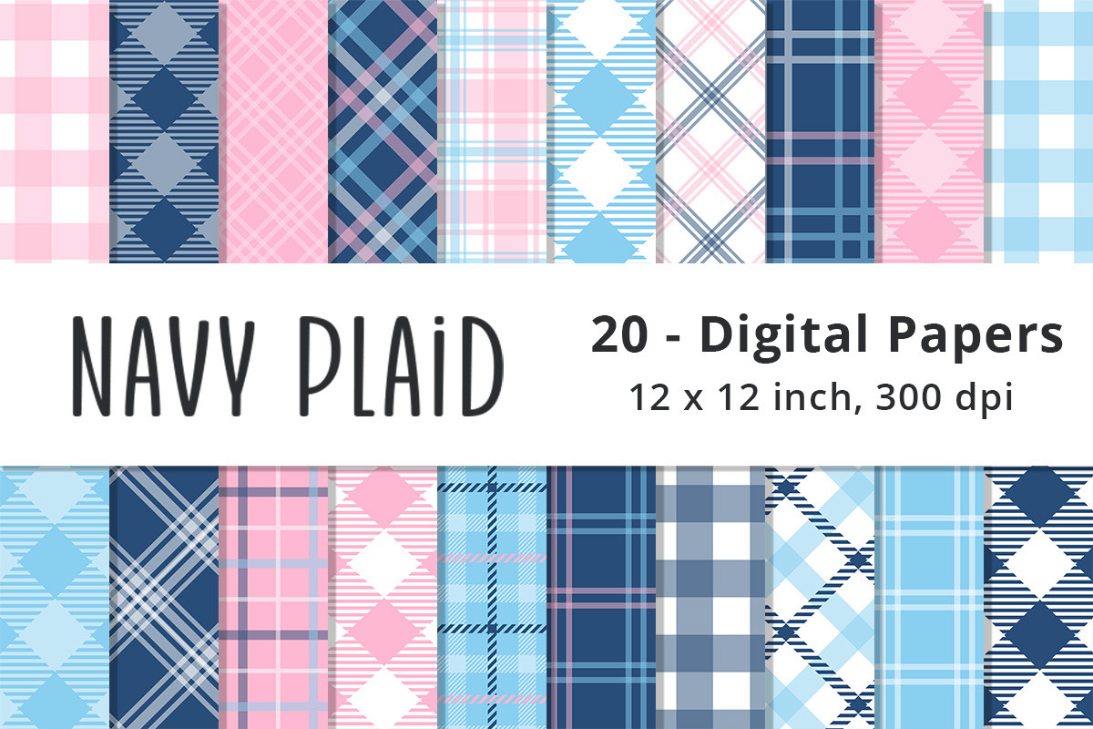 Navy, Pink and Blue Plaid Digital Papers