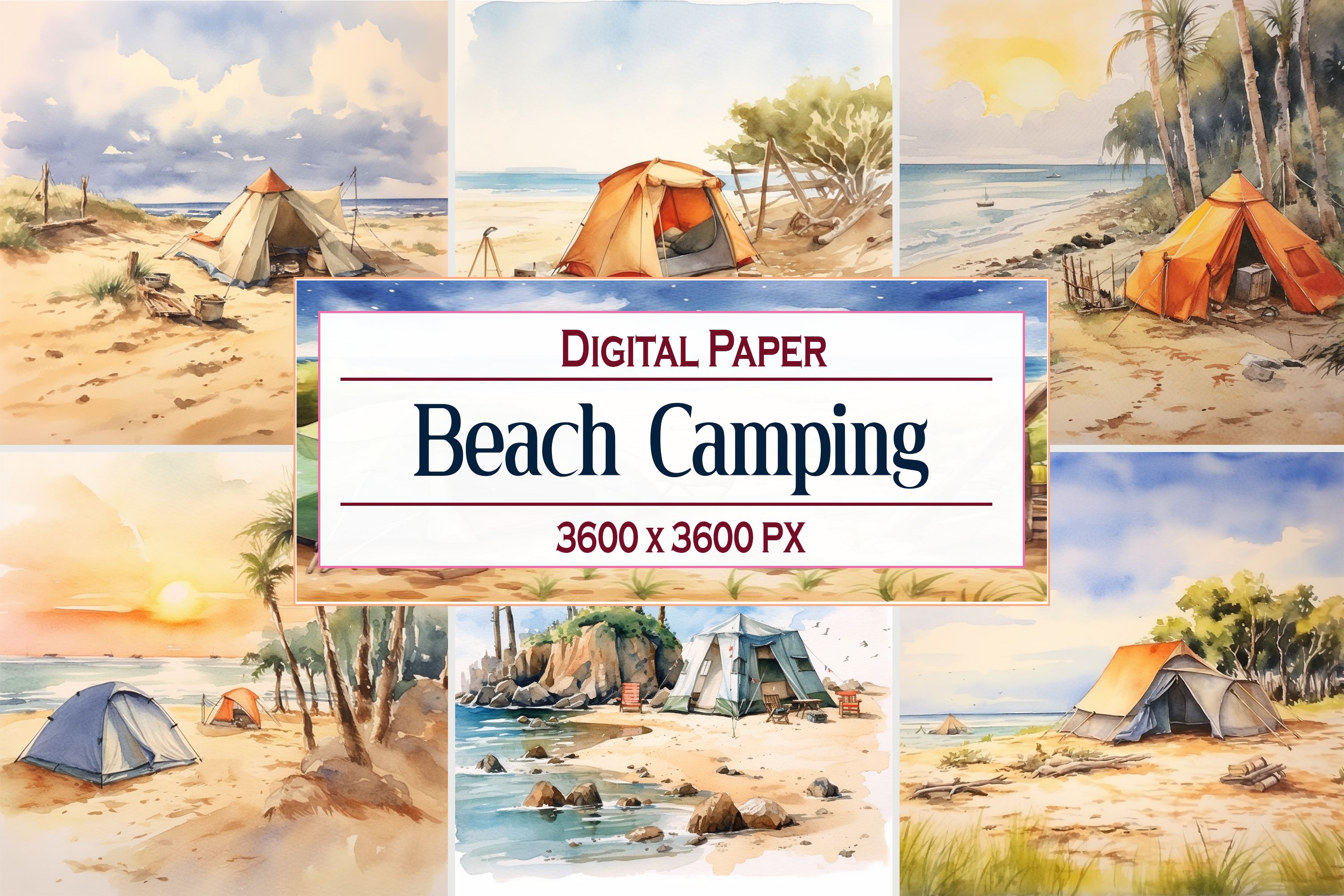 Watercolor Beach Camping Graphic by Printable Design · Creative Fabrica