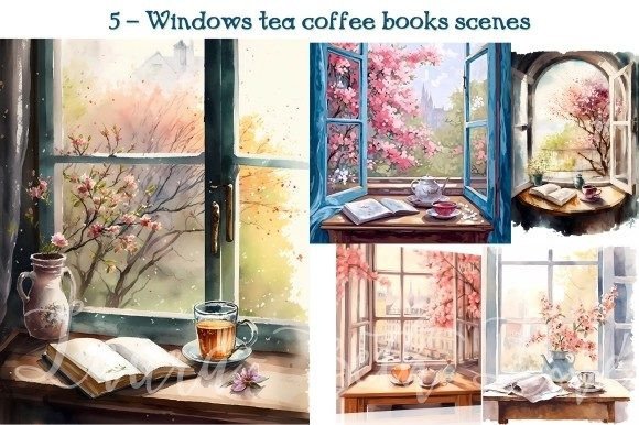 Tea Coffee Book Window Watercolor