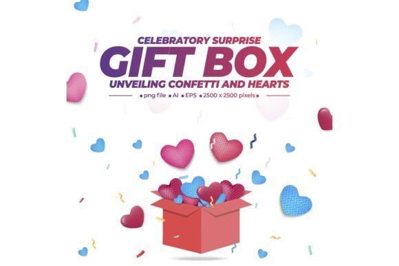 Gift Box Unveiling Confetti and Hearts Afbeelding Afdrukbare Illustraties Door AVS Studio