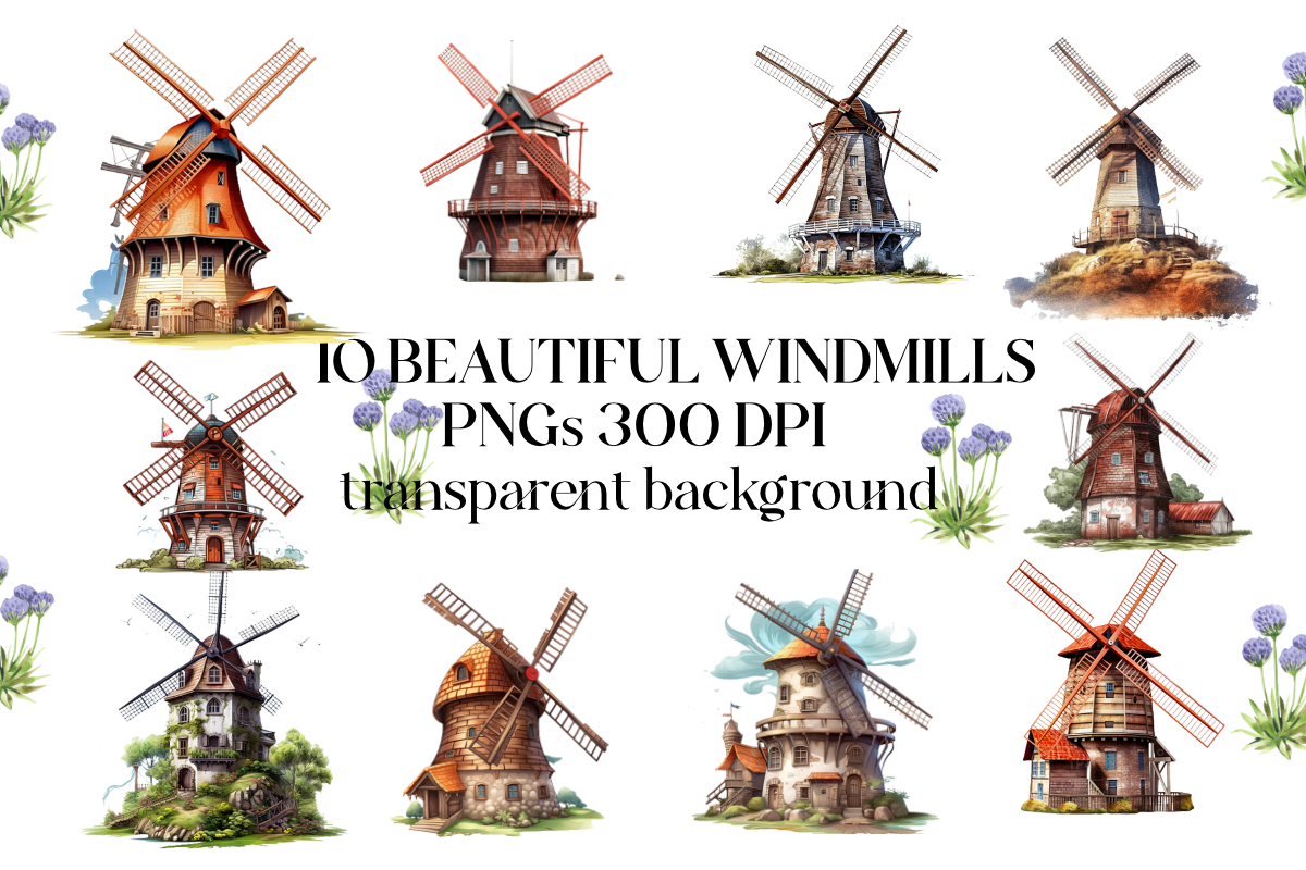 Wind Mill Graphics WATERCOLOUR WINDMILL'S Graphic by Tracey Rye · Creative Fabrica