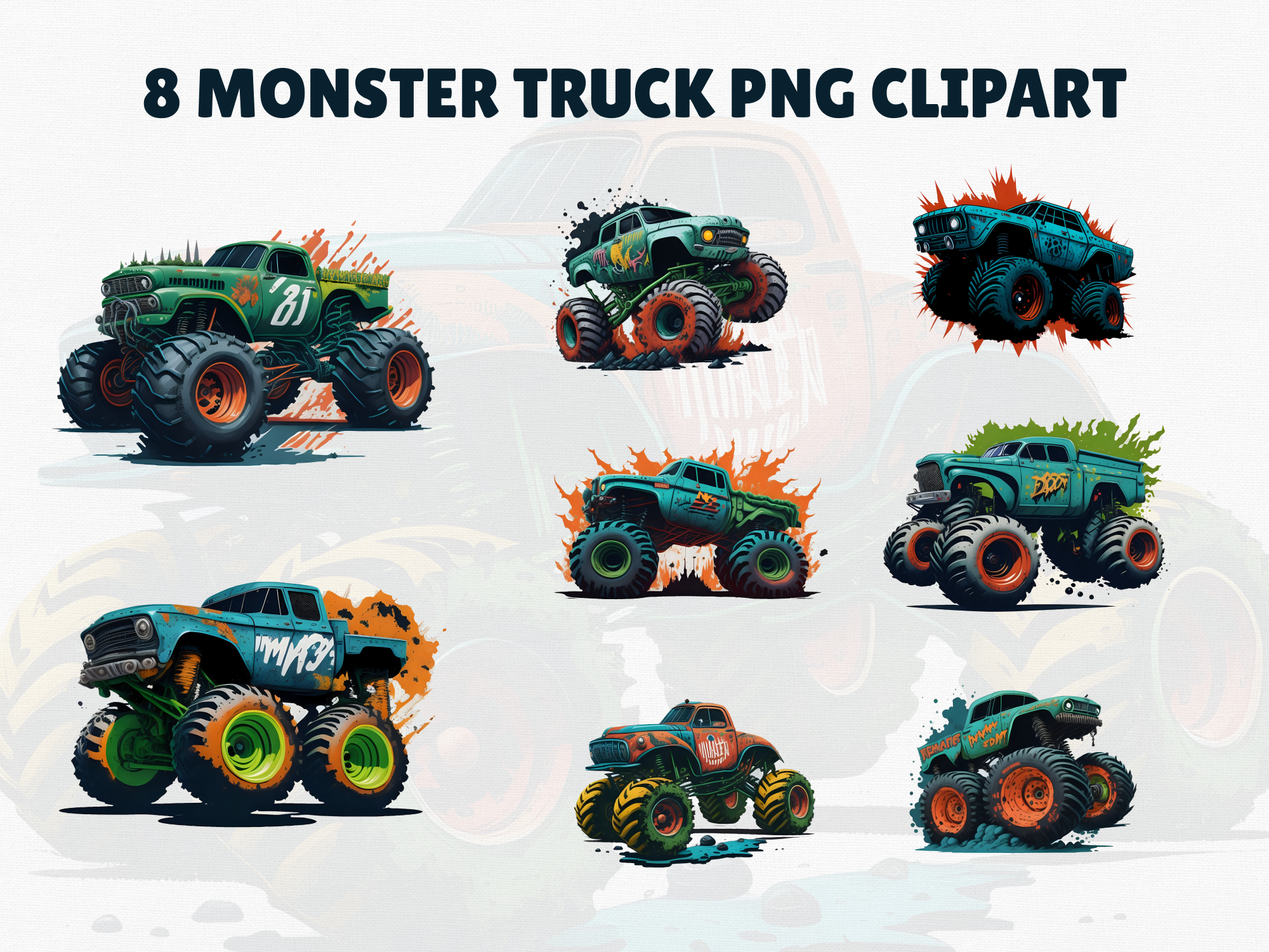 8 Monster Truck Sublimation PNG Clipart