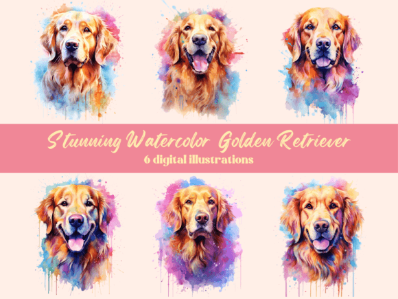 Watercolor Golden Retriever set of 6 PNG illustrations for sublimation tees