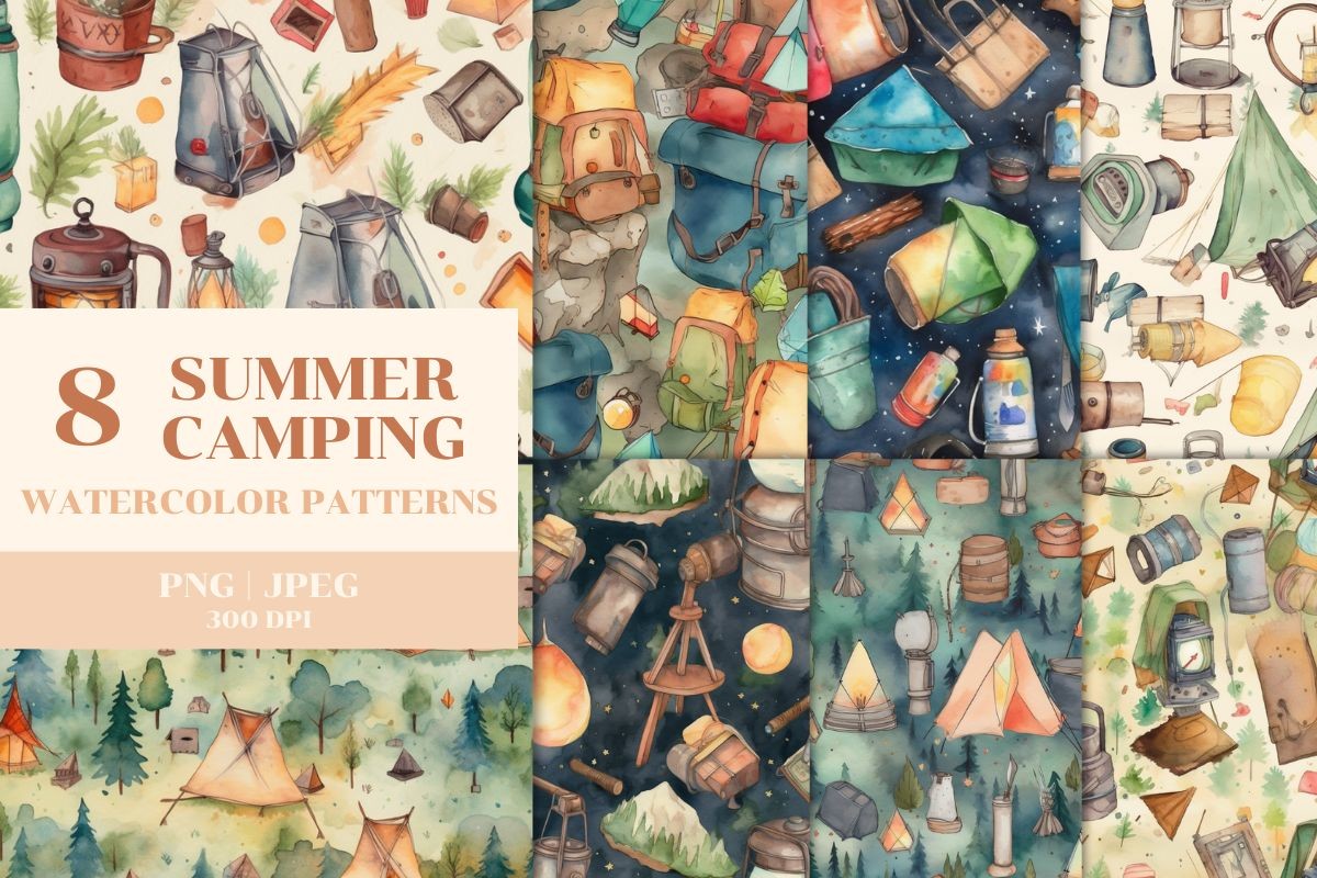 8 Watercolor Summer Camping Patterns Graphic by Brown Cupple Design ...