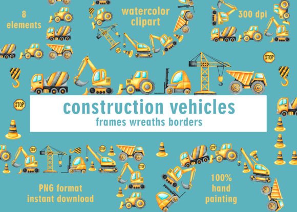 Construction Vehicles Frames, Wreaths. Graphic Illustrations By sabina.zhukovets