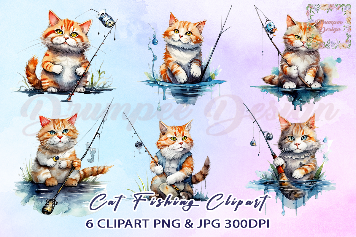 Cat Fishing Watercolor Clipart Graphic by Drumpee Design · Creative Fabrica