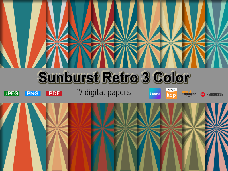 Sunburst Retro 3 Color Digital Paper Graphic by RIBA Red · Creative Fabrica