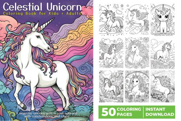 50 Celestial Unicorn Coloring Book