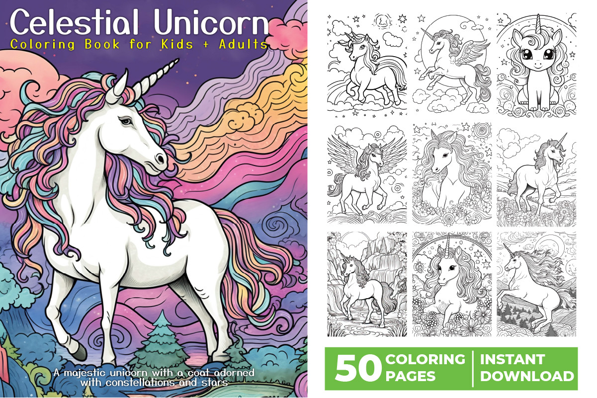 50 Celestial Unicorn Coloring Book