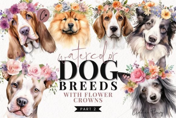 Watercolor Dog with Flower Crowns Part 2 Graphic Illustrations By Christine Fleury