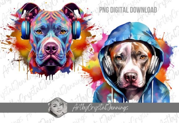 Colorful Pitbull With Headphones sublimation design for mugs tumblers Cricut crafters
