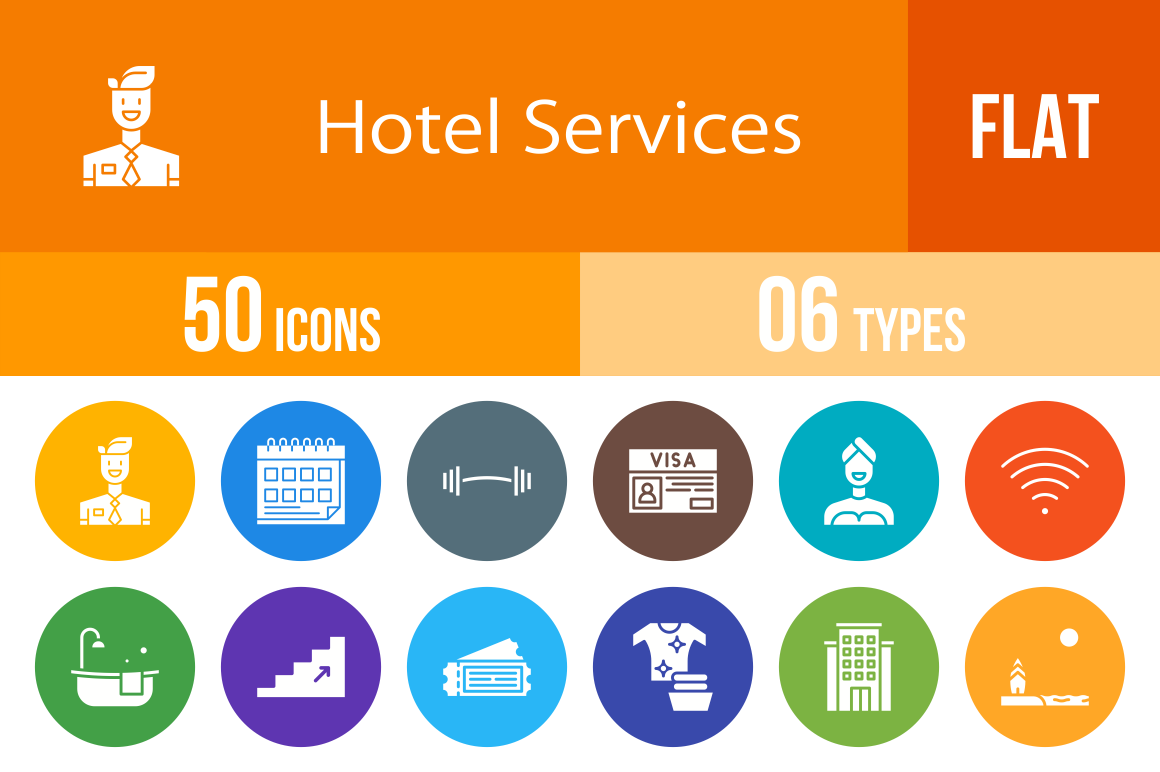 50 Hotel Services Flat Round Icons Graphic by IconBunny · Creative Fabrica