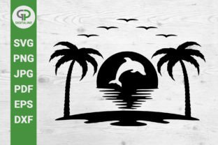 Sunset, Palm Trees and Dolphin SVG Graphic by GPDigitalines · Creative ...