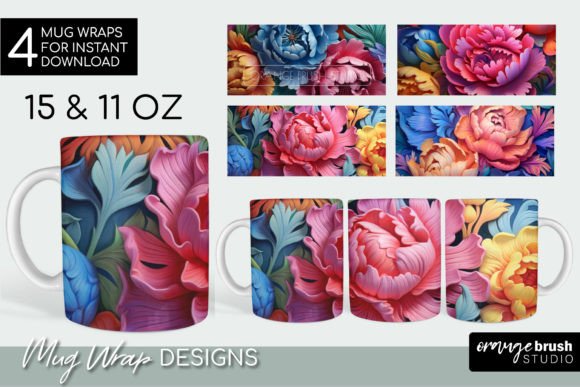 3d Flowers Mug Wrap Sublimation Bundle Graphics