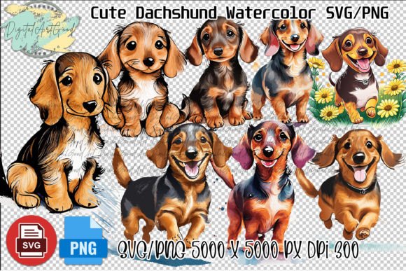 Cute Dachshund Dogs Watercolor SVG/PNG Illustration Illustrations Imprimables Par DigitalArtGood