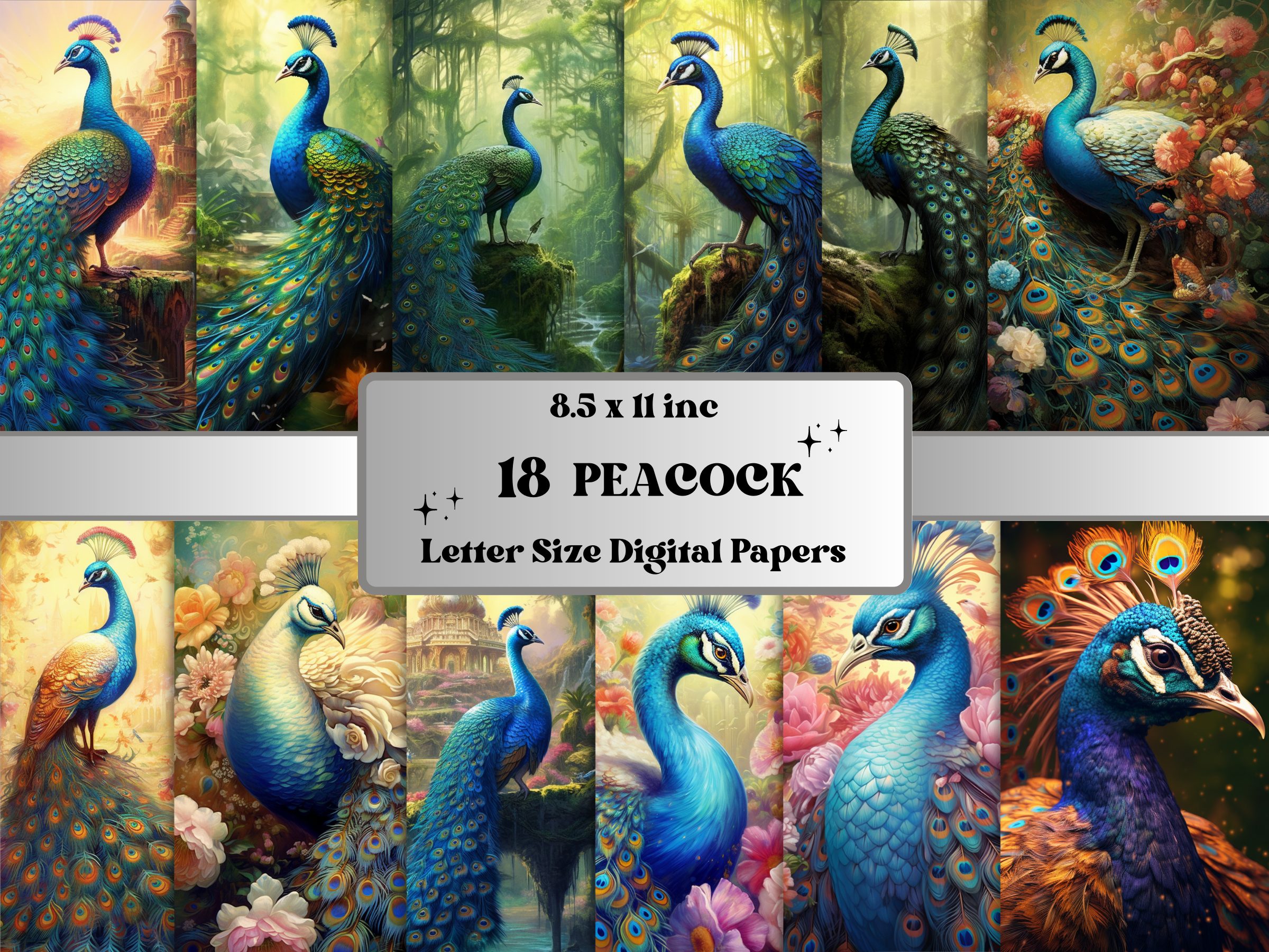 Printable Fantasy Peacock Digital Paper Graphic by ...