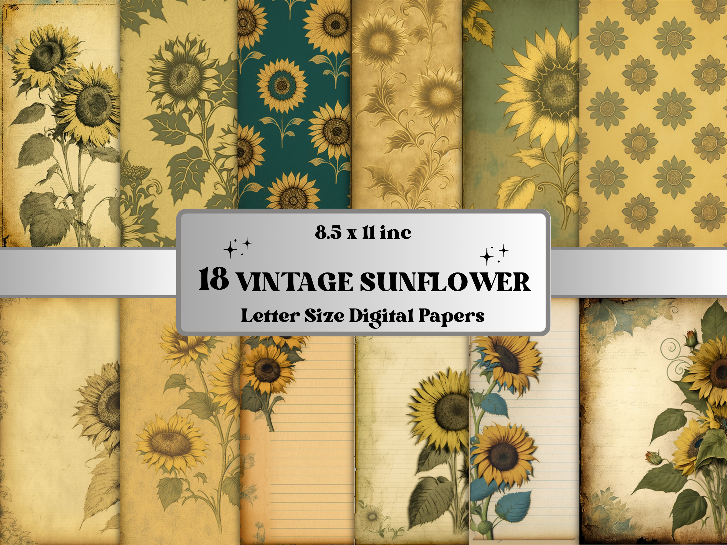Vintage Sunflower Digital Paper Pack Graphic by giraffecreativestudio ...