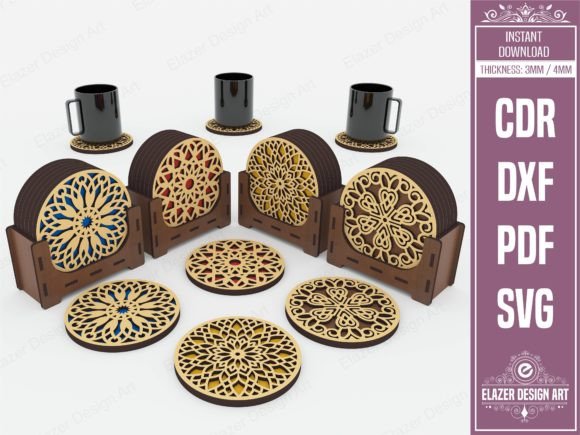 4 Decorative Pattern Boxed Coasters Laser Cutting By Elazer Dizayn