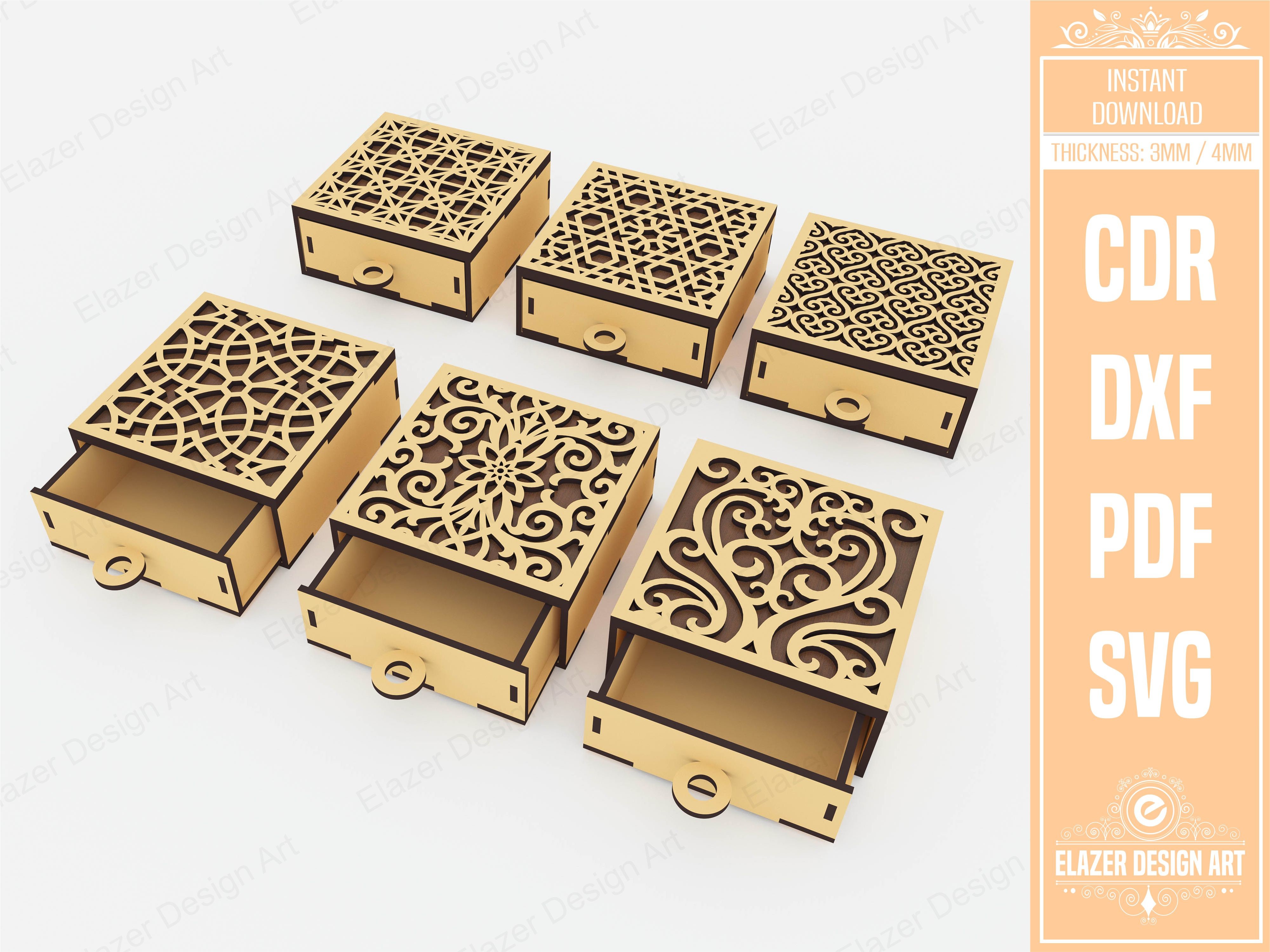 Drawer Box Laser Cut SVG preview, decorative drawer box with finger-joint construction