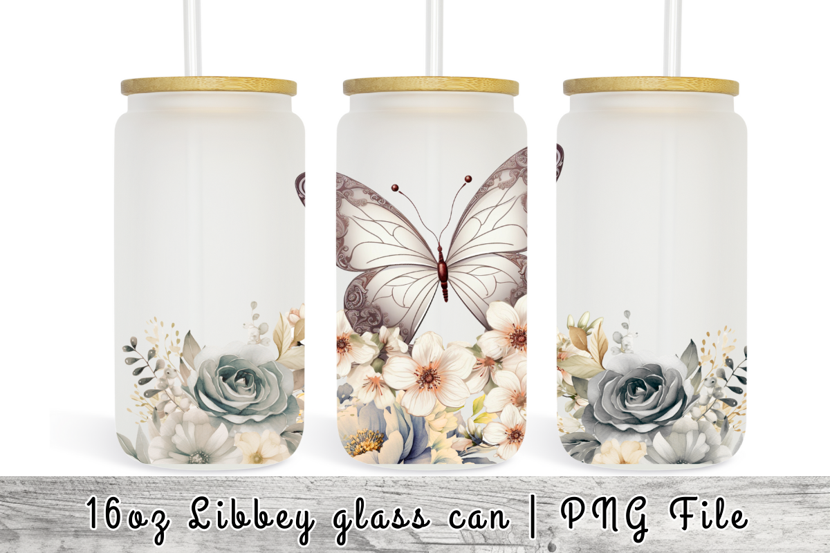 Flower Butterfly 16 Oz Libbey Glass Can Graphic by sasikharn · Creative ...