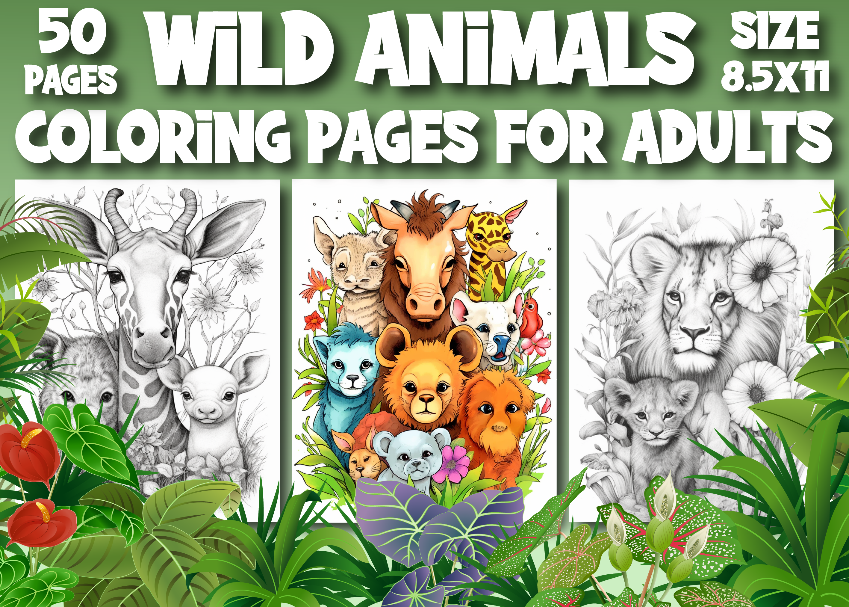 Wild Animals Coloring Pages for Adults Graphic by Design Home ...