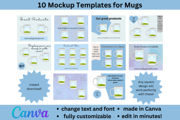 Blue themed mug mockup templates editable in Canva