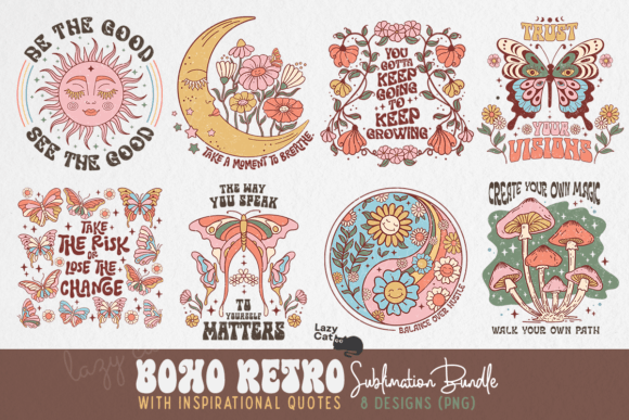 Boho Retro PNG Sublimation Bundle Grafik Plotterdateien Von Lazy Cat
