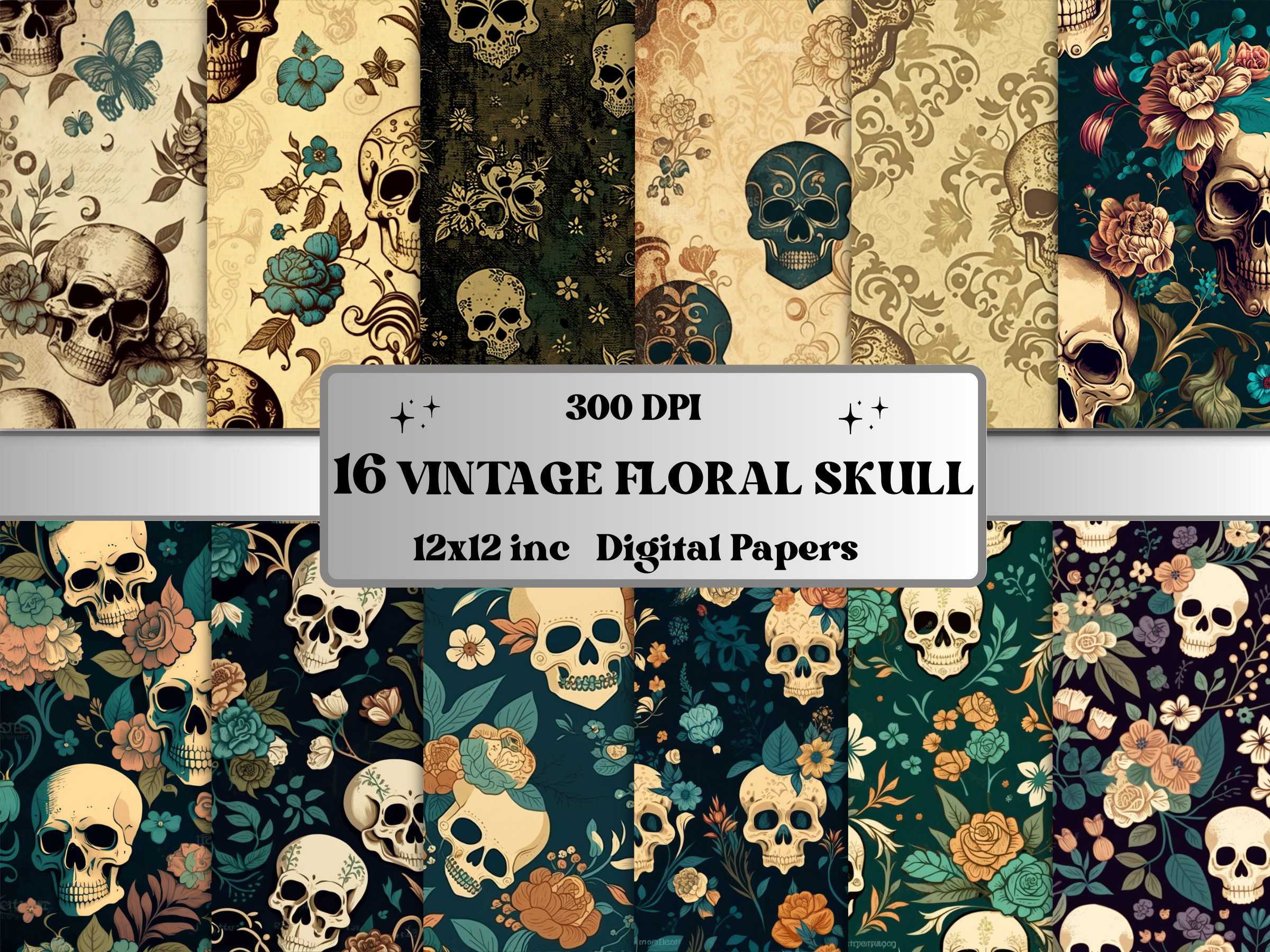 Vintage Floral Skull Digital Paper Pack Graphic by ...