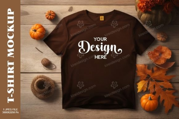 Autumn T-Shirt Mockup_ Brown T-Shirt Graphic T-Shirts By Kireidesign