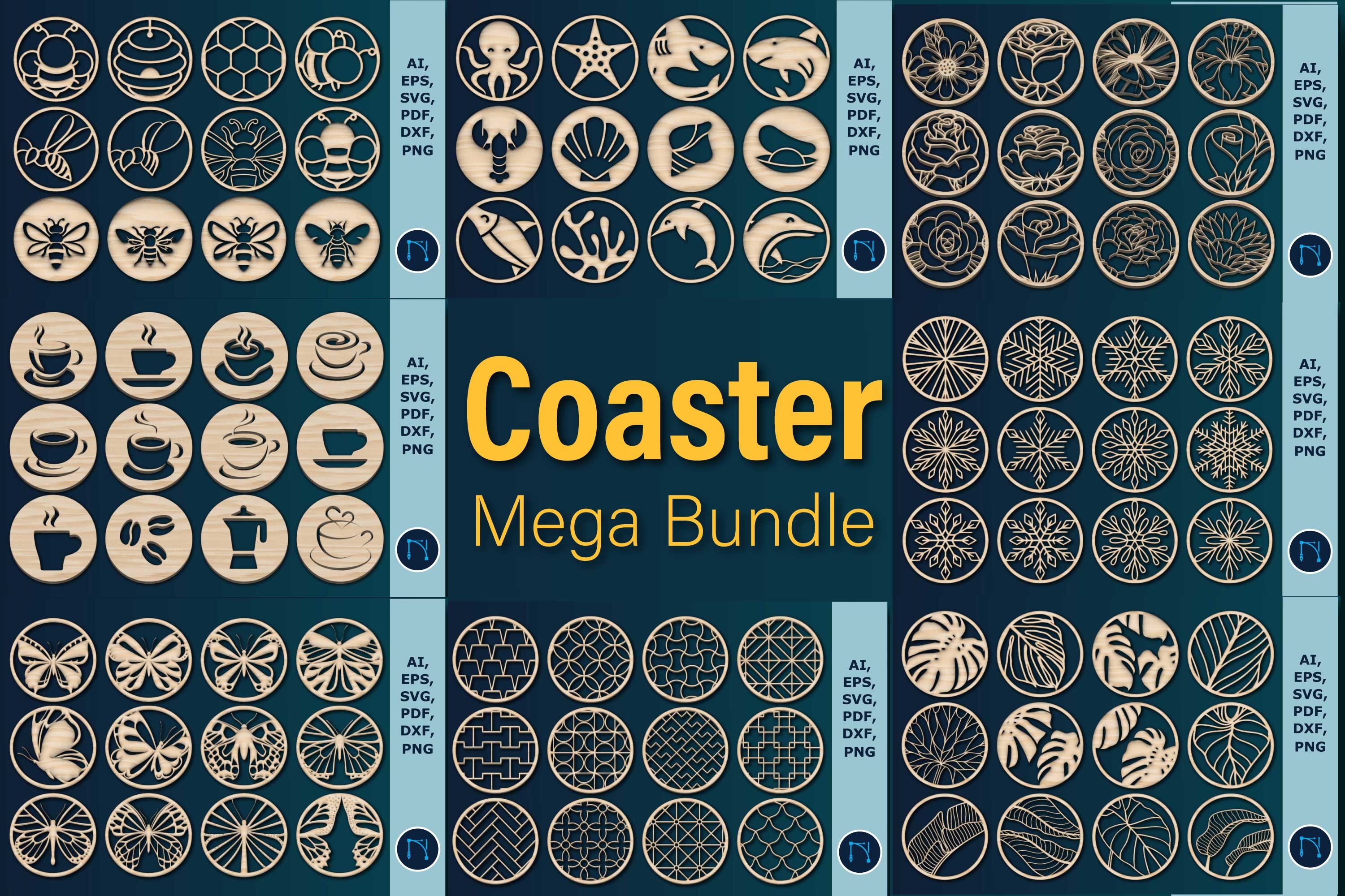 Laser-cut Coasters Mega Bundle preview, large collection of coaster patterns and styles