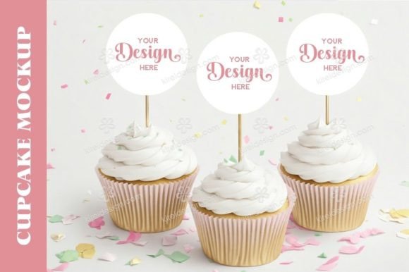3 White Cupcake Toppers Mockup Illustration Maquettes de Nourriture et Boissons Par Kireidesign