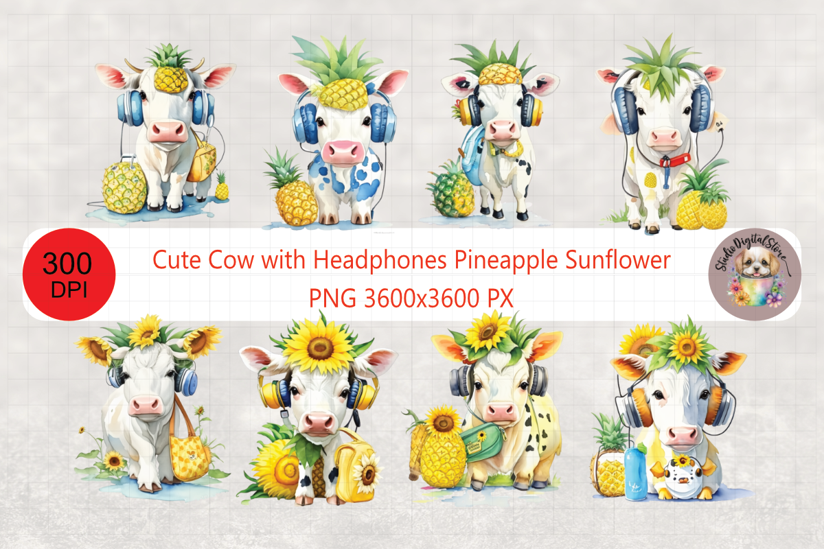 Cute Cow with Pineapple Sunflower PNG Graphic by StudioDigitalStore ...