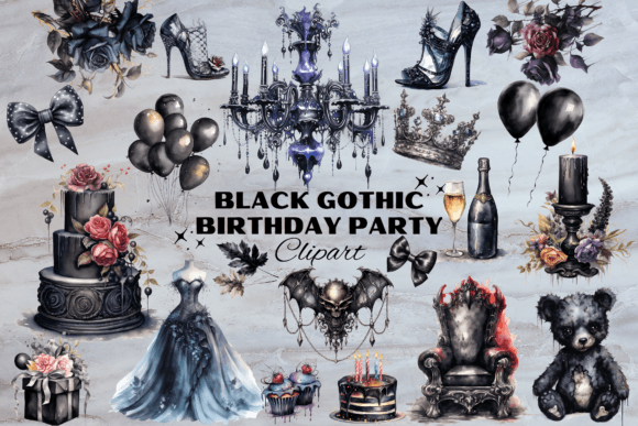 black aesthetic birthday maximalist gothic party elements clipart bundle printable editable