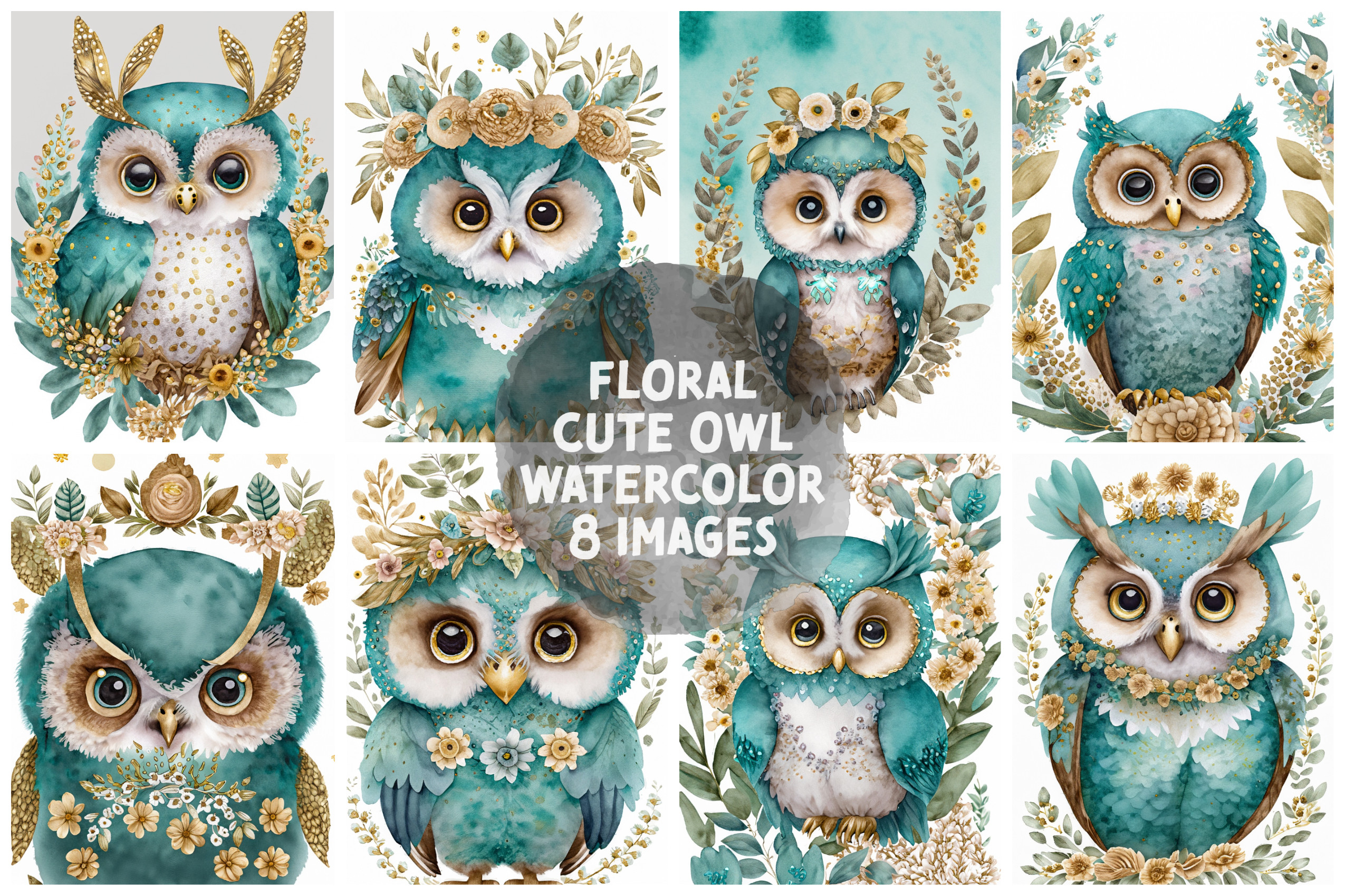 Floral Cute Owl Watercolor 8 Images Graphic by 1xMerch · Creative Fabrica