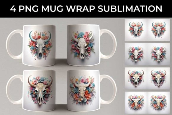 3d Floral Fantasy Bull Skull Mug Wrap Graphics