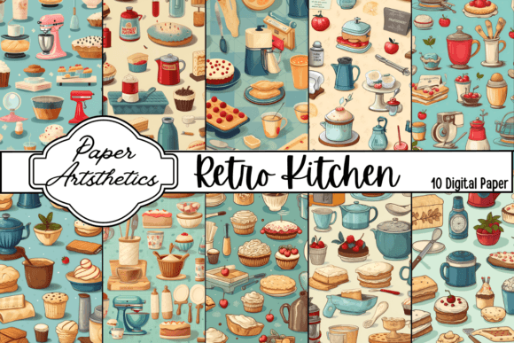 Retro Kitchen Patterns Digital Paper Graphic by Paper Artsthetics ...