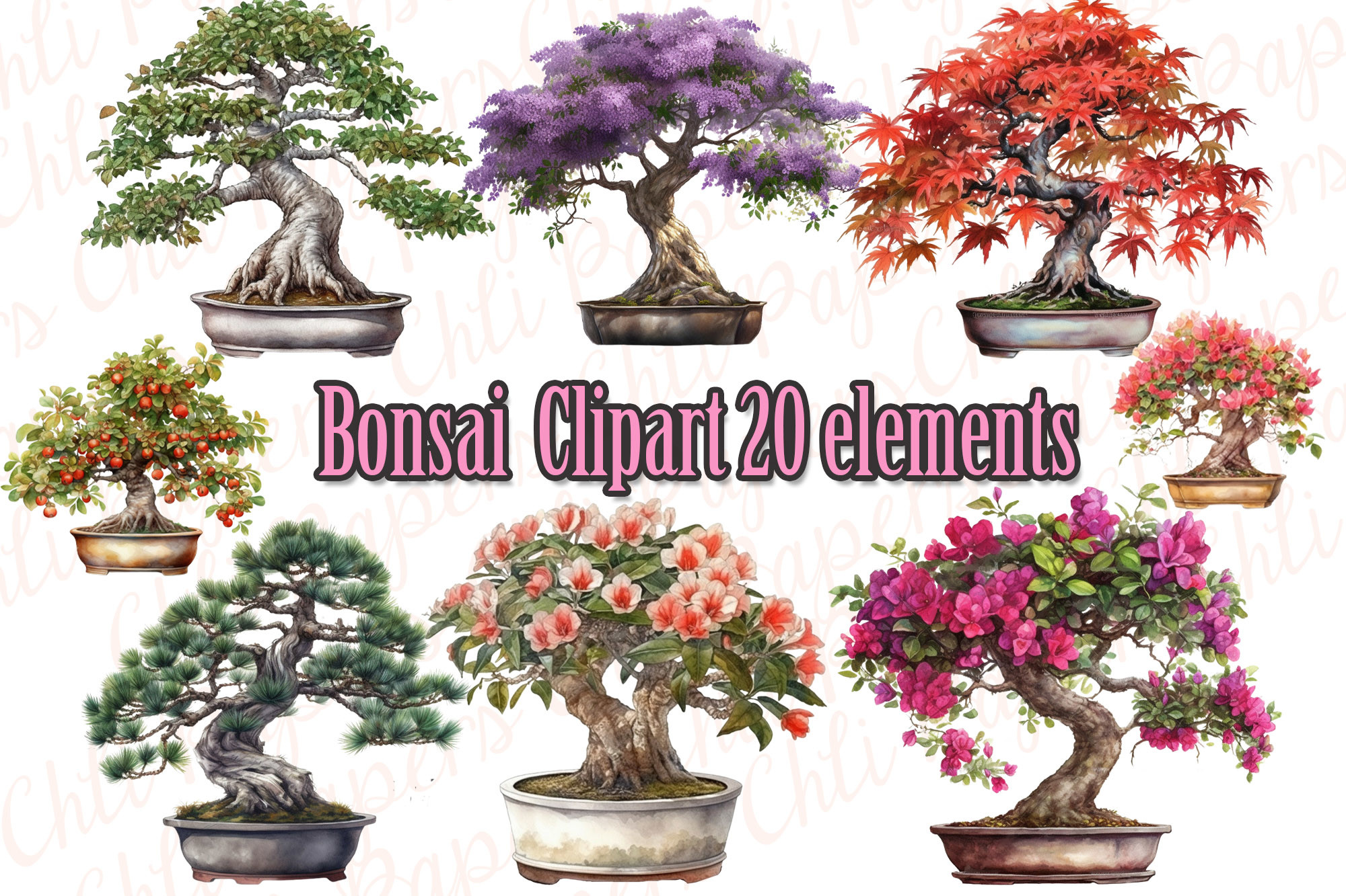 Bonsai Tree Clipart,Watercolor Bonsai, Graphic by ChiliPapers  Creative  Fabrica