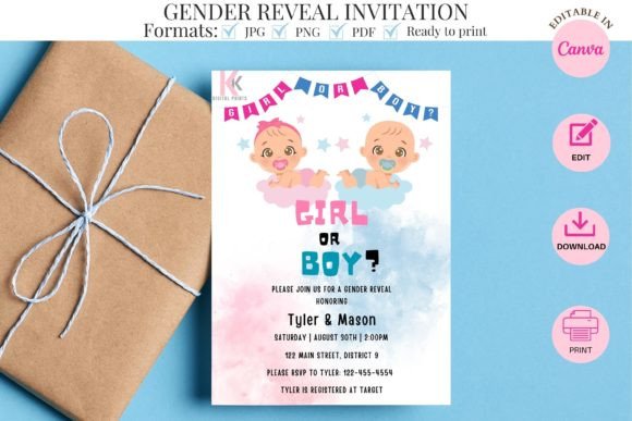 Gender reveal invitation template preview with pink and blue party details