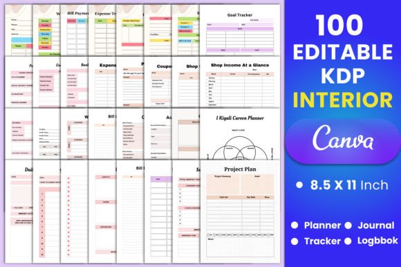 100 Editable Canva KDP Interiors Graphic Planners & Schedules By munjixpro