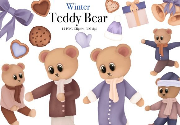Watercolor Teddy Bear Winter Clipart Graphics