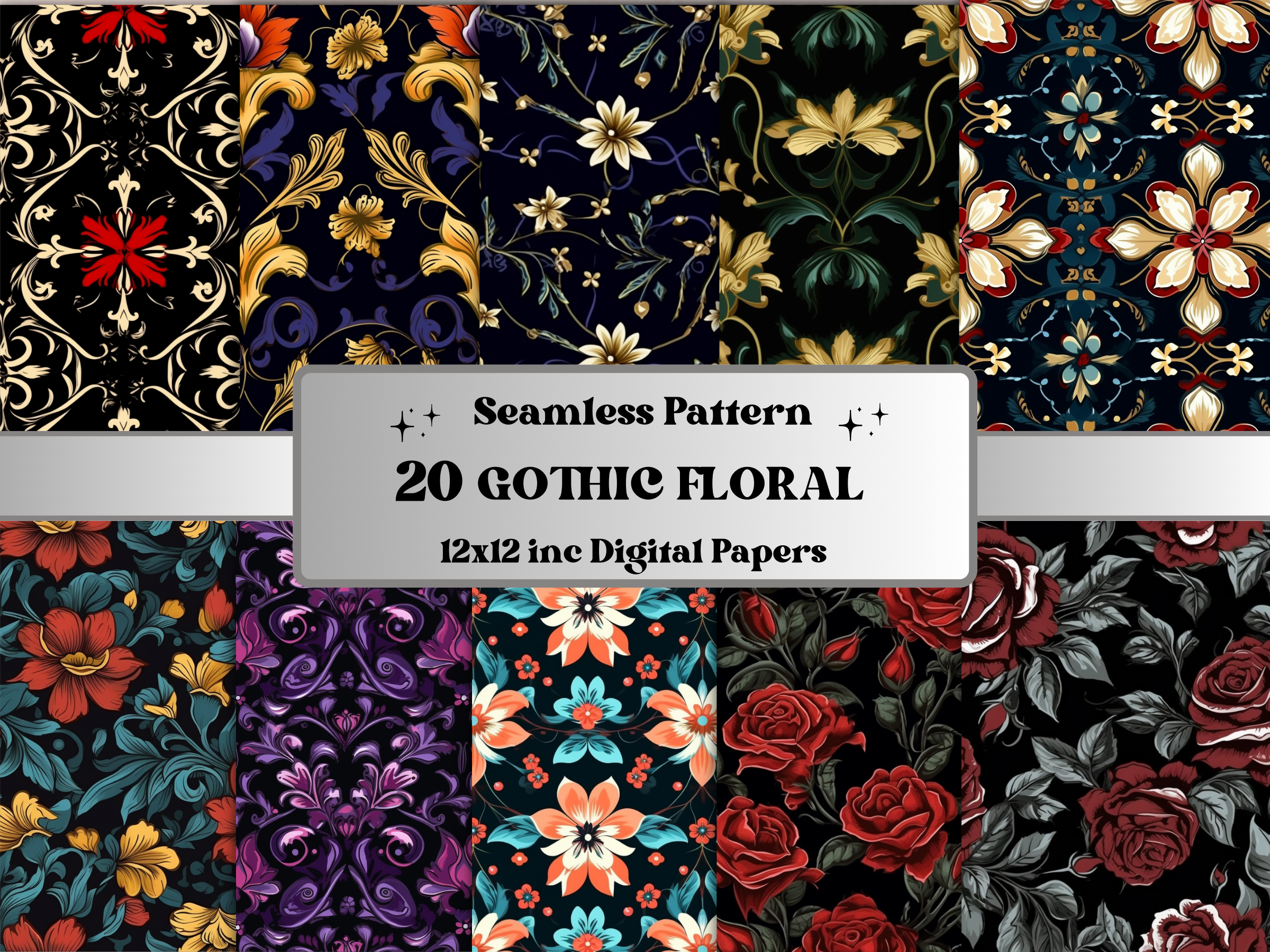 Seamless Gothic Flower Pattern Paper Graphic by giraffecreativestudio ...