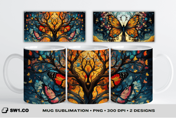 3d Tree Butterfly Mug Sublimation Wrap Graphics