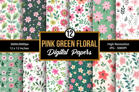 Pink & Green Cute Flowers Digital Papers Graphic by Creative Store ...