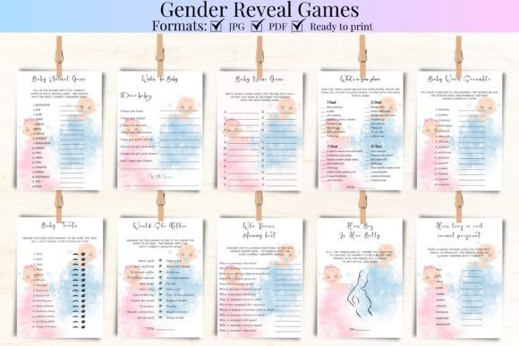 Modern gender reveal games bundle preview with several printable party games for guests