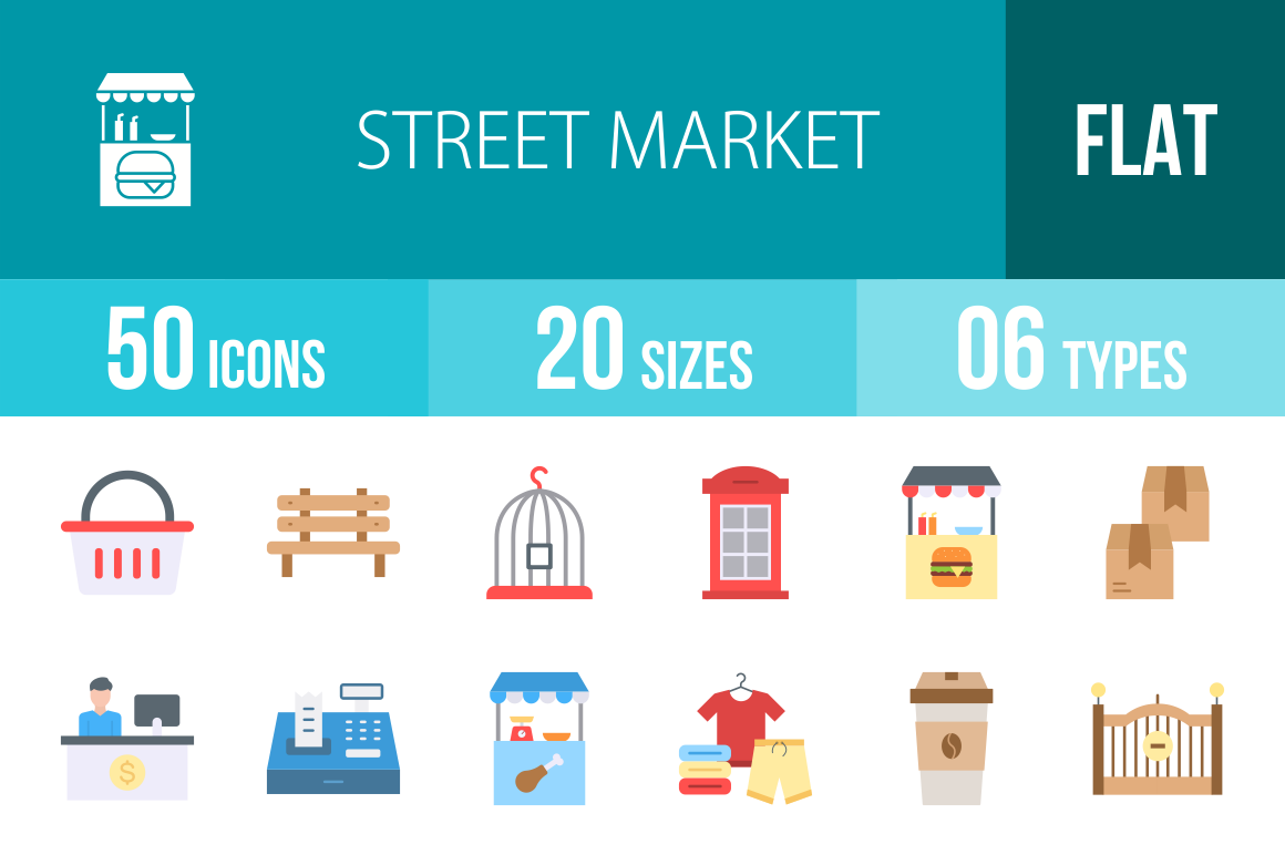 50 Street Market Flat Multicolor Icons Graphic by IconBunny · Creative ...