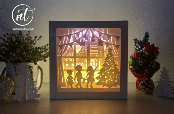 Children at Christmas Tree Light Box Template