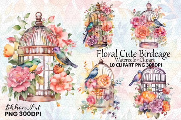 Floral Cute Birdcage Watercolor Clipart Graphic Illustrations By likhon_art