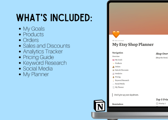 Notion Etsy Shop Dashboard template preview